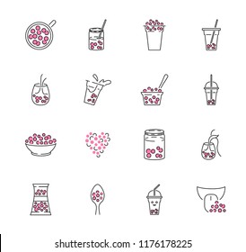 Bubble tea outline icon collection set. Milk boba in jar, mug, cup, glass or bowl. Pink refreshment with pearls and sparkling feeling. Decorative drink logo, symbol or element.