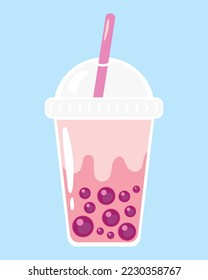 Bubble tea - or pearl boba milk tea - cute vector illustration in simple flat style isolated on white. Cute plastic cup with lid and straw and bright tapioca balls.