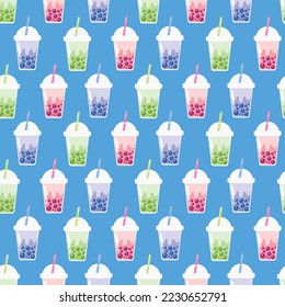 Té de burbujas - o pearl boba té de leche sin costuras fondo de patrón, linda ilustración vectorial en estilo simple plano sobre fondo azul.