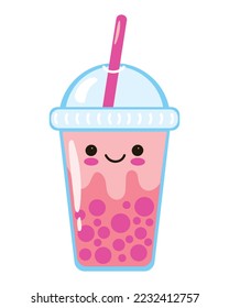 Blumentee - oder Perlboba Milchtee - süße Vektorgrafik mit kawaii Gesicht. Illustration im einfachen Flachstil. Plastikbecher mit Deckel, Stroh, helle Tapiokalbälle