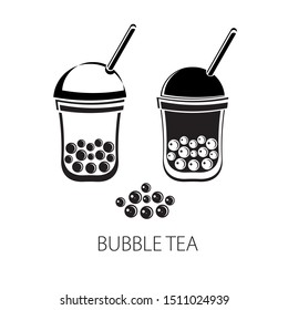 Bubble Tea, Pearl milk tea, black and white pearls. Taiwanese drink. Tapioca. Isolated object on white background in vector. Icon tea drink. Flat vector. Black and white silhouette.