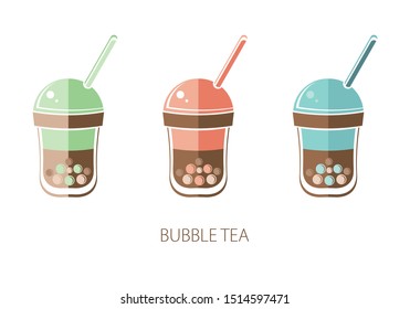 Bubble Tea, Pearl milk tea, black and white pearls. Taiwanese drink. Tapioca. Isolated object on white background in vector. Icon tea drink. Flat vector.