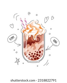 Té de burbujas, té de leche de perla, boba, taiwaneses beben. Balones de tapioca picante jalea, aloe vera, frijol rojo. Con crema batida y caramelo encima. Cuta ilustración del doodle. Para menú, café, volante, banner