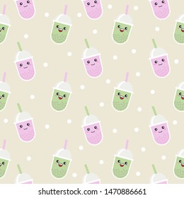 Bubble tea or Pearl milk tea cartoon seamless pattern, vector illustration