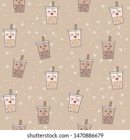 Bubble tea or Pearl milk tea cartoon seamless pattern, vector illustration