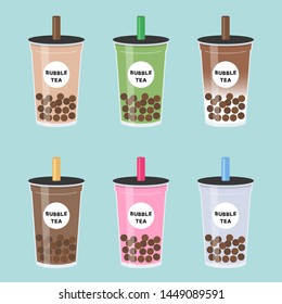 Bubble tea or Pearl milk tea flat design set vector illustration