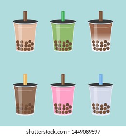 Bubble tea or Pearl milk tea flat design set vector illustration