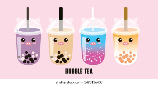 The Bubble Tea, Pearl milk tea, Pearl peach milk tea, black pearls is Taiwanese famous and popular drink. The cup with pig ears style and four taste vector.