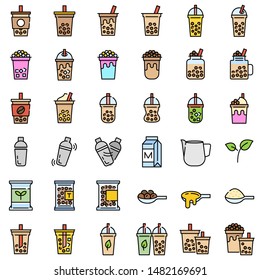 Bubble Tea Or Pearl Milk Tea Related Filled Icon Set, Vector Illustration
