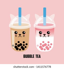 The Bubble Tea, Pearl milk tea, Pearl strawberry milk tea, black pearls is Taiwanese famous and popular drink large size and small cup with cat ears style vector.