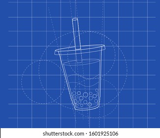 Bubble Tea, Pearl milk tea, tapioca, black pearls is  a kind of Taiwanese local streets food and popular drink vector. Illustration designed in blueprint style.