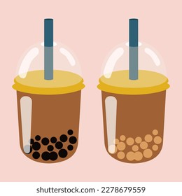 Bubble-Tee. Tee mit Perlen, schwarz-weiß. Taiwan berühmtes und beliebtes Getränk. Zwei Gläser mit Strohhalmen auf rosafarbenem Hintergrund. Vektorgrafik.
