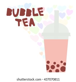 Bubble Tea with pink raspberry strawberry watermelon berries. Milk Cocktails in plastic cup, tubule, heart pastel colors on white background. Vector