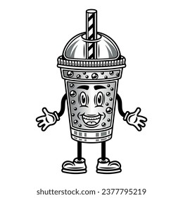 Bubble tea plastic cup cartoon character vector illustration in black style isolated on white background. Hand drawn. Not AI generated
