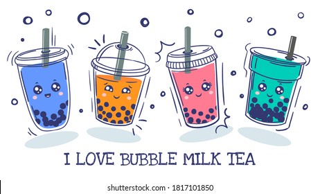 Bubble tea. Plastic cup with cute emotions smile characters and pearl milk tea, green, coffee and fruit tea with balls, asian drink cartoon vector set. Colorful beverage with adorable faces