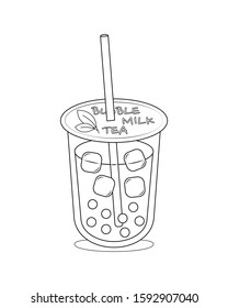 Bubble tea in plastic cup vector illustration isolated on white background. Bubble milk tea cute vector menu colorless for coloring book.  