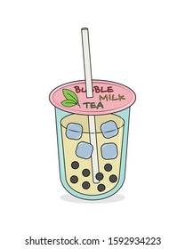 Bubble tea in plastic cup vector illustration isolated on white background. Bubble milk tea cute vector menu.  