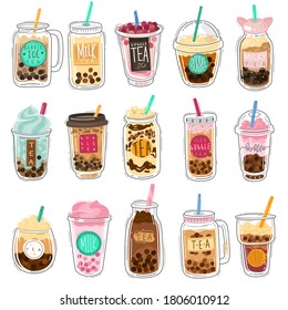 Bubble tea. Plastic cups with famous summer bubble asian tea, popular taiwanese pearl milk with balls, soft boba drinks with delicious tapioca sweet cold liquid dessert cartoon vector isolated set