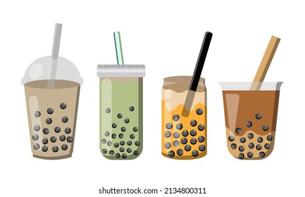 Bubble tea. Plastic cups with famous summer bubble asian tea, popular taiwanese pearl milk with balls, soft boba drinks with delicious tapioca sweet cold liquid dessert cartoon vector isolated set