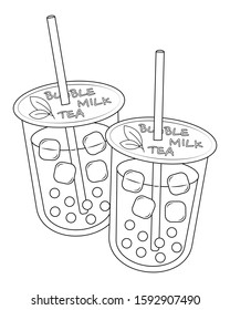 Bubble tea in plastic cups vector illustration isolated cute vector menu. Bubble milk tea vector cartoon colorless for coloring book. 