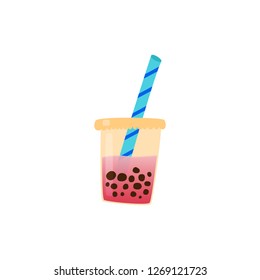 Bubble Tea in a plastic glass with small balls and a tube. Cartoon vector.