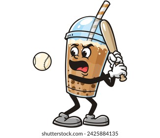 Bubble tea playing baseball cartoon mascot illustration character vector clip art hand drawn