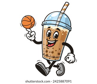 Bubble tea playing basketball cartoon mascot illustration character vector clip art hand drawn