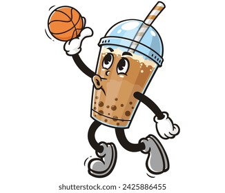 Bubble tea playing slam dunk basketball cartoon mascot illustration character vector clip art hand drawn