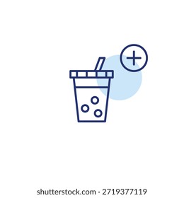Bubble tea and plus symbol. Asian street drinks. Takeaway and dine-in. New positions in the menu. Pixel perfect, editable stroke vector icon