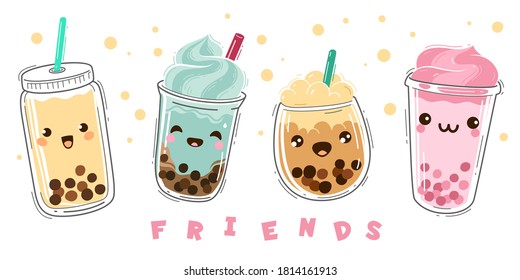 Bubble tea. Popular milk tea with tapioca, modern taiwanese pearl dessert balls in liquid. Boba drink in plastic cups with emotions, smiling faced characters, green and fruit tea cartoon vector set