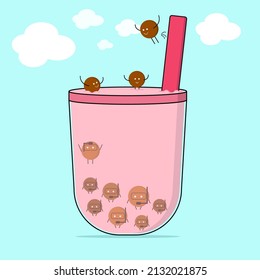 bubble tea. Popular milk tea with tapioca comes from Taiwan. boba drink with pool feel and cute characters