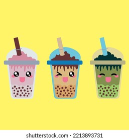 Bubble tea. Popular milk tea with tapioca, modern Taiwanese pearl dessert balls in liquid. Boba drink in plastic cups with emotions, smiling faced characters, green and fruit tea cartoon vector set