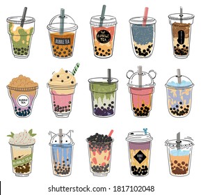 Bubble tea. Popular taiwanese pearl milk tea with balls, bubble asian tea, soft drinks in plastic cups trendy dessert colorful vector collection. Different taste cocktail with cream set
