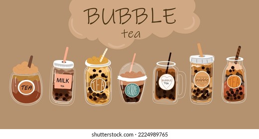 Bubble tea. Popular taiwanese pearl milk tea with balls, bubble asian tea, soft drinks in plastic cups trendy dessert colorful collection. Different taste cocktail with cream set.