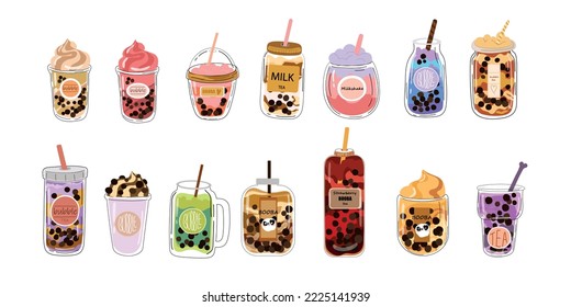 Bubble tea. Popular taiwanese pearl milk tea with balls, bubble asian tea, soft drinks in plastic cups trendy dessert colorful collection. Different taste cocktail with cream set.