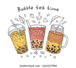 Bubble Teeposter. Brauner Perlkaffee, berühmte süße Getränke. Beliebte asiatische Milch Tapioca Trinkkarte. Vektorillustration für frische Sommernahrung