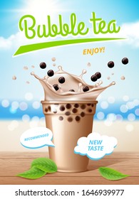 Bubble tea poster. Flowing milk delicious tapioca drinks with splashes promotional placard vector