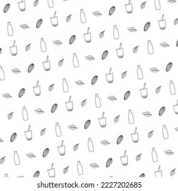 Bubble tea print background with tea leaf, chocolate and bubble tea in line art design