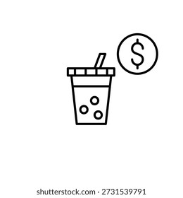 Bubble tea purchase cost, cafe drink payment, sweet beverage expense. Pixel perfect, editable stroke vector icon