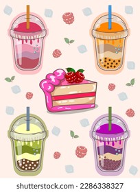 Bubble Tea, Raspberry Cake cute graphic drawings