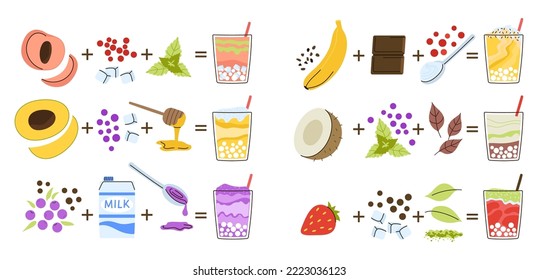 Bubble tea recipes with fruits, ice and mint leaves. Sweet asian taiwan drinks, raw ingredients and pearls. Cartoon isolated decent vector bar menu