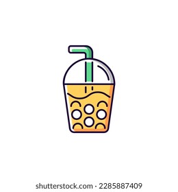 Bubble tea RGB color icon. Isolated vector illustration. Black tea with milk, ice and chewy tapioca pearls. Boba drink. Common dessert creamy topping simple filled line drawing