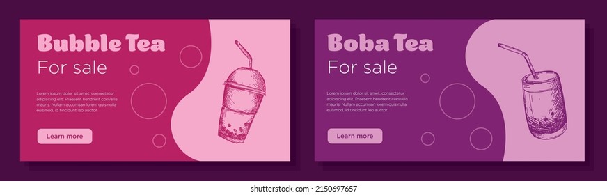 Bubble tea for sale online banner template set, boba tea drink shop advertisement, horizontal ad, delicious tea drinks bar campaign webpage, flyer, creative brochure, isolated on background.