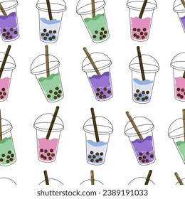 Bubble tea seamless pattern. Boba, tapioca pearls, Asian flavor drink. Vector simple hand drawn design.