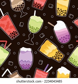 Bubble tea seamless pattern. Bubbles boba drink, milk shakes background. Sweet breakfast, cartoon kitchen or cafe decent vector textile print