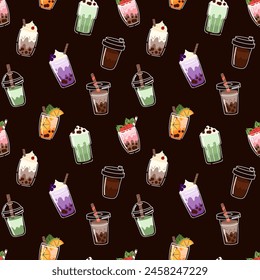 Bubble tea seamless pattern. Coffee and milkshakes with boba. Summer cold drink with tapioca pearls. Decor textile, wrapping, wallpaper design. Print for fabric doodle cartoon isolated illustration