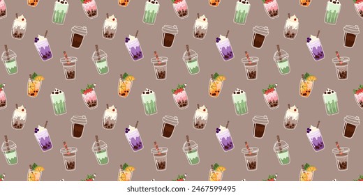 Bubble Tea nahtloses Muster. Kaffee und Milchshakes mit Boba. Sommer kaltes Getränk mit Tapioka-Perlen. Dekor Textil, Verpackung, Bildschirmhintergrund-Design. Print für Stoff, Doodle Cartoon isolierte Illustration