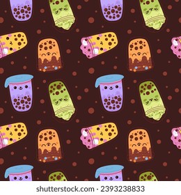 Bubble tea seamless pattern. Cold sweet Asian drinks with tapioca balls. Boba pearls beverages in plastic cups. Funny faces. Yummy matcha cocktails. Milkshake mugs