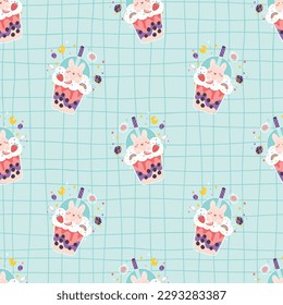 Bubble tea seamless pattern with cute tiny rabbit and strawberry on blue lattice background. Boba milkshake. Kawaii colorful vector illustration in simple cartoon style. Clean light palette.