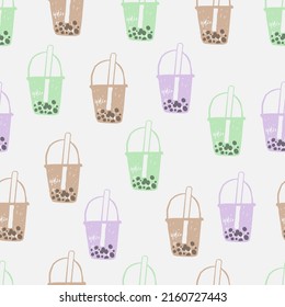 Bubble tea. Seamless pattern. Different flavors. Vector